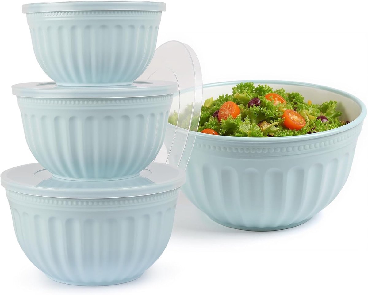 SnelShoppen - Grote Saladeschaal Set met Deksel - 4 Delige Mixing Schalen 2L/3L/4L/6L - Stapelbare Keuken Schalen van Premium BPA Vrij Plastic - Vaatw