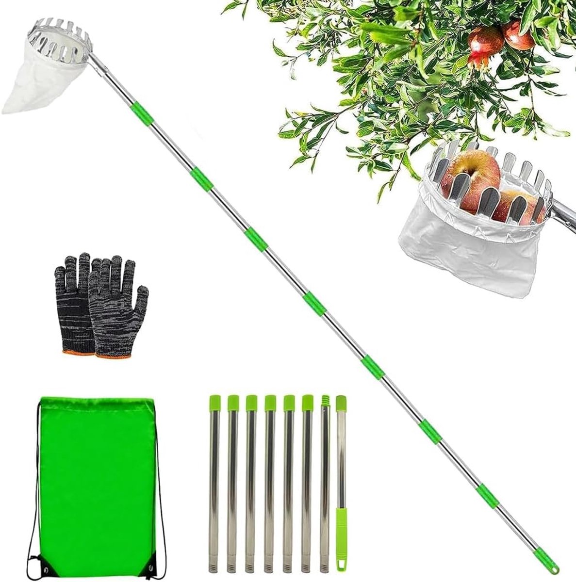 SnelShoppen - 340 cm RVS Fruit Plukker met Afneembare Mand, Perfect voor Kersen en Appels, Tuin Gereedschap voor Eenvoudig Fruit Plukken, Ideaal voor