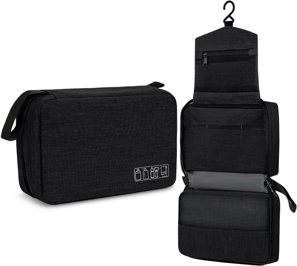 Thijox - Waterdichte toilettas voor dames en heren met haak, grote capaciteit, ideaal voor zaken, sport of vakantie, zwart, 24,3 x 14,5 x 7,5 cm