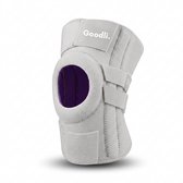 Lichtgrijze Goodli kniebrace met paarse opening voor de knieschijf en klittenbandsluitingen.