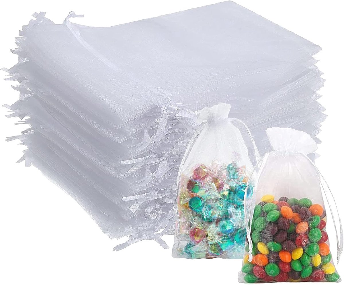 SnelShoppen - Transparante Organza Tassen 50 Stuks, 13 x 18 cm, Medium Cadeautassen met Trekkoord, Witte Trouwtassen voor Feesten, Bruiloft, Festival,
