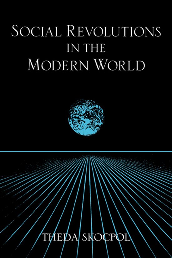 Boek 'Social Revolutions in the Modern World' door Theda Skocpol, met een blauwe bol en lijnen die wegvagen naar de horizon.