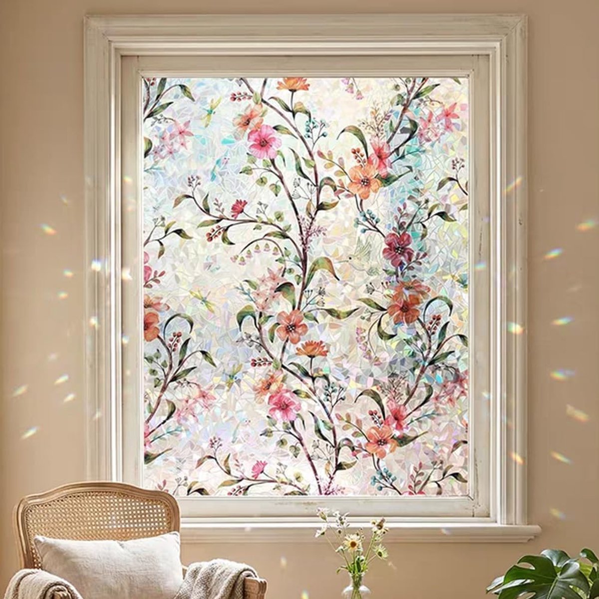 SnelShoppen - Stained Glass Film Privacy Window Film voor Glasramen, Decoratieve Raamfolie met Trumpet Vine Bloem, 45 x 90 cm, Perfect voor Thuis, Aut