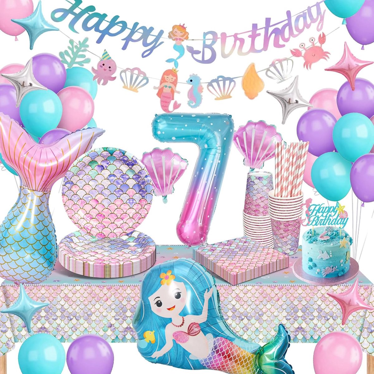 SnelShoppen - Zeemeermin Verjaardagset voor 7 Jaar - 16 Gasten - Papieren Borden, Servetten, Bekers, Ballonnen, Tafelkleed en Cake Topper voor Kindere