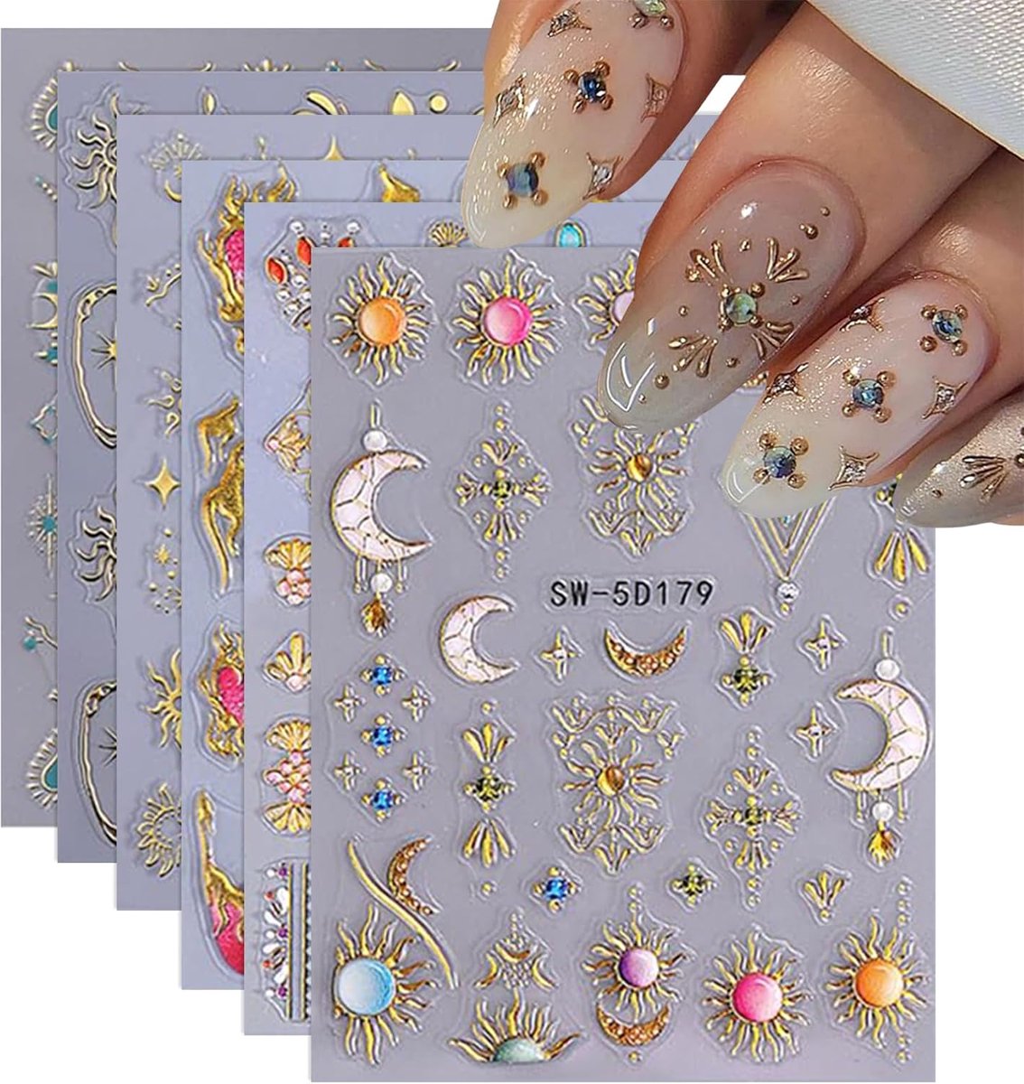 SnelShoppen - 6 Bladen 5D Nagelstickers Goud, Zelfklevende Bohemian Sterren Nagelstickers, Gothische Zon Maan Nagelkunst, Metallic Nageldecoratie Acce