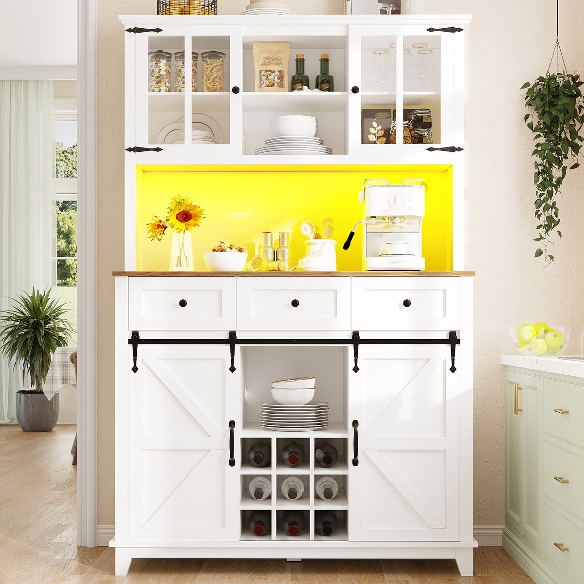 Wishdor - Keukenkast - Hoge buffetkast met LED en verstelbare planken - landelijke stijl - keuken of woonkamer - houtlook en glas - wit - 105 x 38,4 x 180 cm
