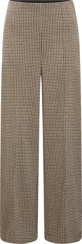 Bruine broek met pied-de-poule patroon in houndstooth print, wijde pijpen.