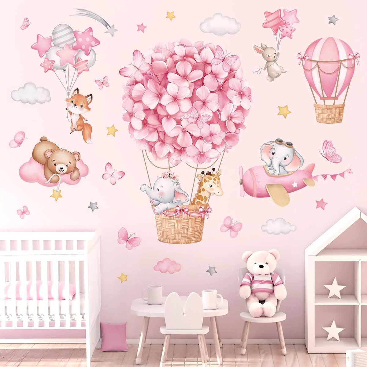 SnelShoppen - Wandstickers Dieren Luchtballon - Muurstickers voor Kinderkamer - Olifant, Giraf, Beer, Vliegtuig - Hoogwaardige PVC - Waterdicht en Her