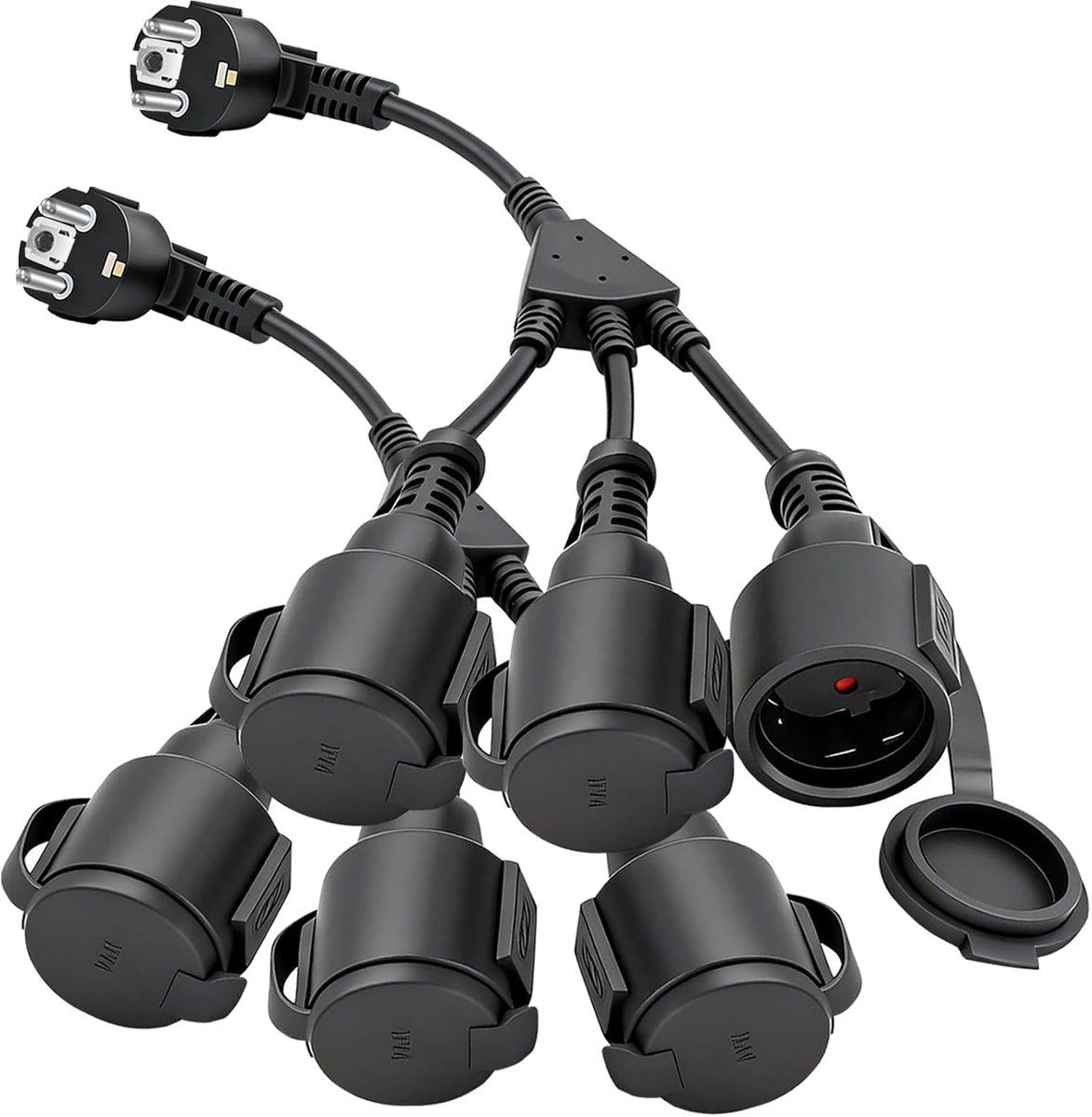 SnelShoppen - Pack van 2 Waterdichte 3-Weg Buitenstopcontacten met 34 cm Kabel en Beschermkap, Perfect voor Tuin, Camping en Werkplaats