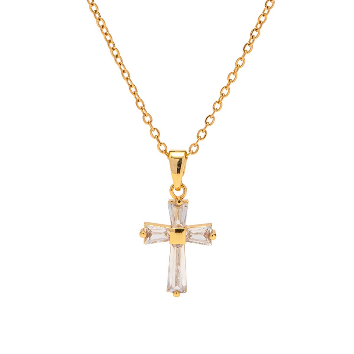 CRISTAÉ® Luxe - Kruis Ketting - Goudkleurig - Baguette Zirkonia - Inclusief Luxe Sieradendoosje