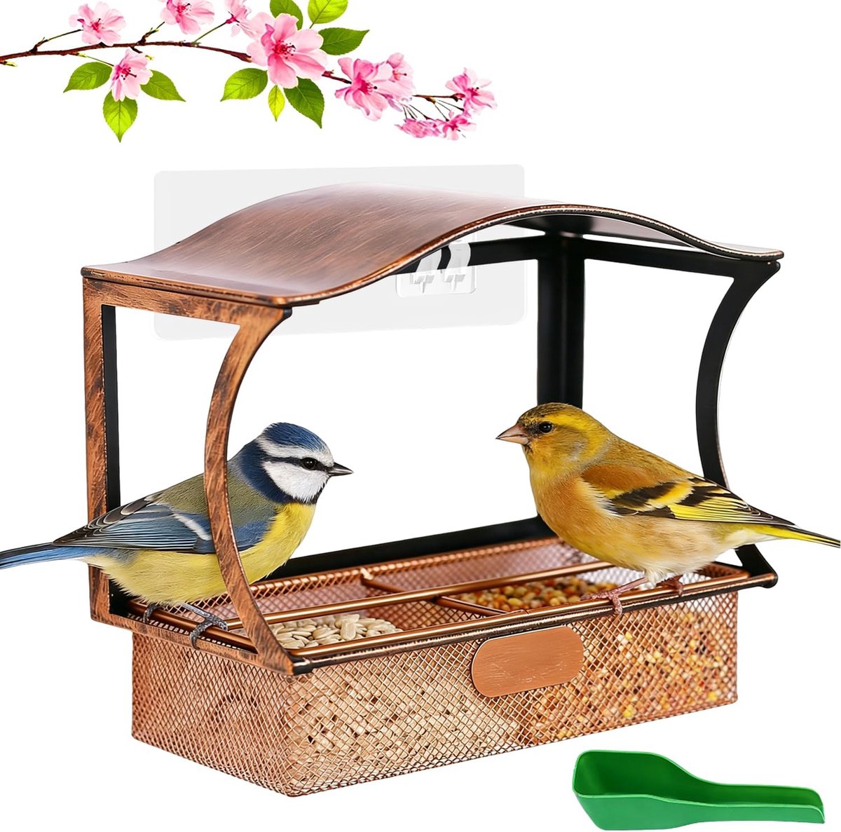 SnelShoppen - Vogelhuisje raamruit van roestvrij metaal, weerbestendig vogelvoederhuis met 6 sterke haken en voerschep voor tuin en balkon, ideaal voo