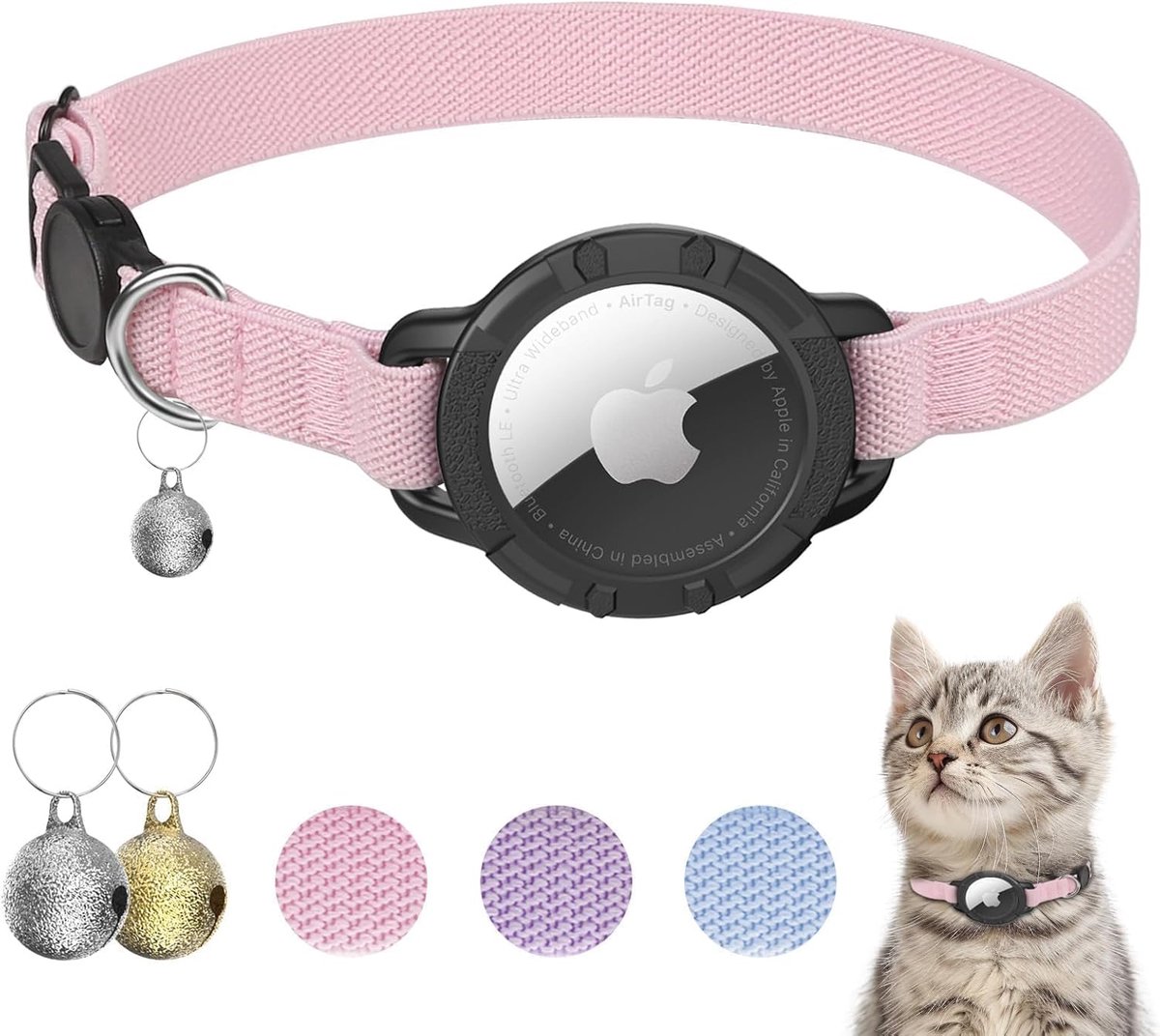 SnelShoppen - Airtag Kattenhalsband - Rekbare Kattenhalsband met Veiligheidssluiting, Beschermhoes voor AirTag en Bel, Licht en Comfortabel voor Katte