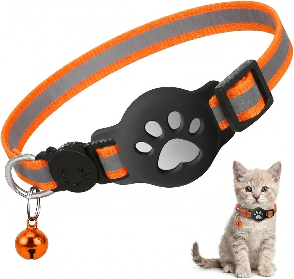 SnelShoppen - Kattenhalsband met Houder voor Airtag, Reflecterend, Rekbaar, Oranje, Siliconen, Anti-Verstikking voor Katten en Puppy’s