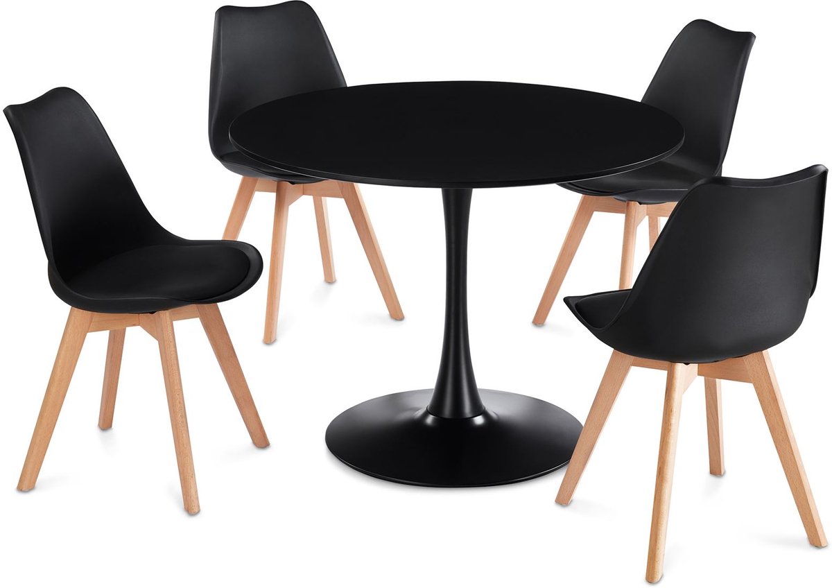 Eethoek LOIRE/ABBY: ronde tafel met 4 stoelen – zwart