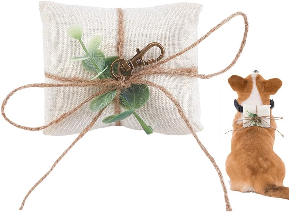 SnelShoppen - Dog Collar Ring Bearer met Kussentje voor Trouwringen, Jute Draad en Groene Bladeren, Huwelijksaccessoires voor Kleine Honden, Bohemian