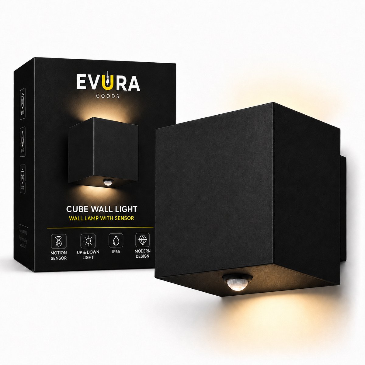 Evura Goods - Wandlamp Buiten - Met Bewegingssensor - Zwart - Up Downlight - IP65 - Warm Wit