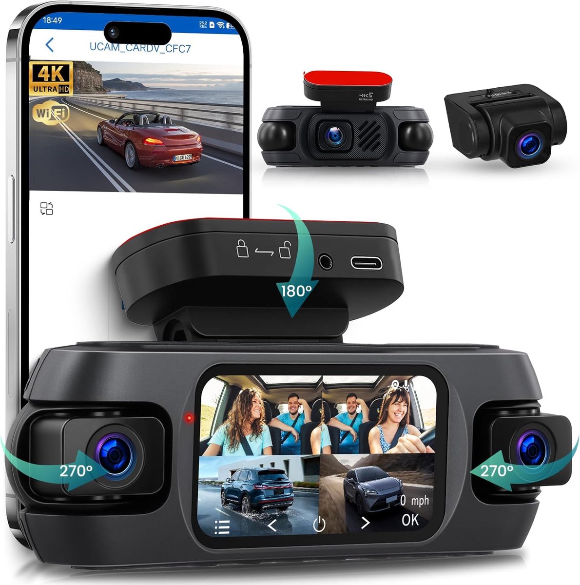 SnelShoppen - 4K Dashcam Auto 360°, 4 Camera's Voor- en Achter, IR Nachtzicht, 3 Inch IPS Touchscreen, G-sensor, GPS, App Controle, Cyclische Opname