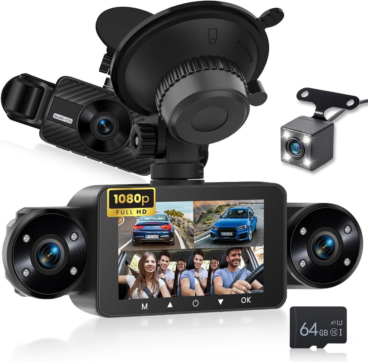 SnelShoppen - 4-kanaals Dashcam 3 Inch IPS Touchscreen Voor- en Achteruitzicht met 8 IR Nachtzichtlampen, Loopopname, 24 Uur Opname, G-sensor, Achteru