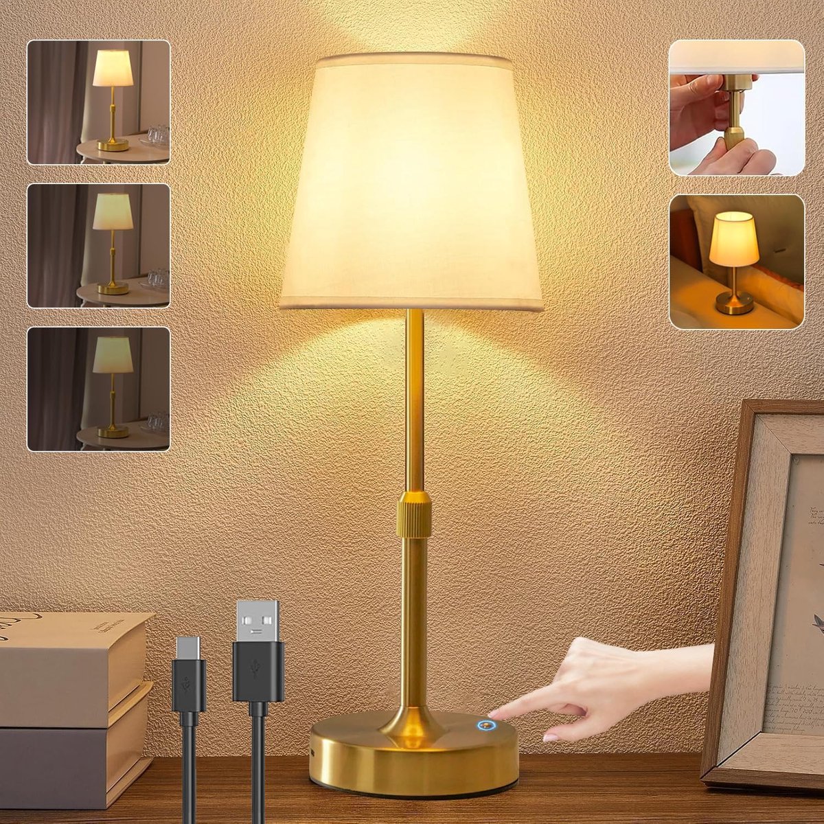 SnelShoppen - LED Dimbare Tafel Lamp Draadloos, Oplaadbare Touch Tafel Lamp met USB-C, Hoogte Verstelbare Nachtlamp voor Slaapkamer en Woonkamer, Warm