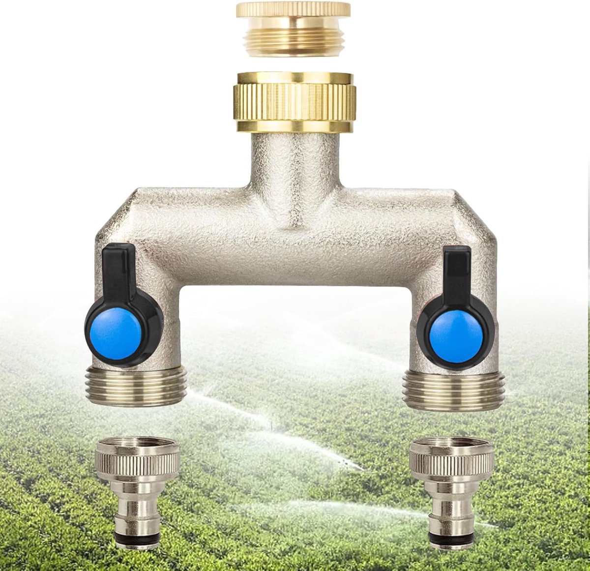 SnelShoppen - Water Distributor 2-Way Tap, 3/4 Inch 2-Way Water Distributor met 2 Ball Valves, Robuuste Messing Tuinaccessoire voor Efficiënt Watergeb