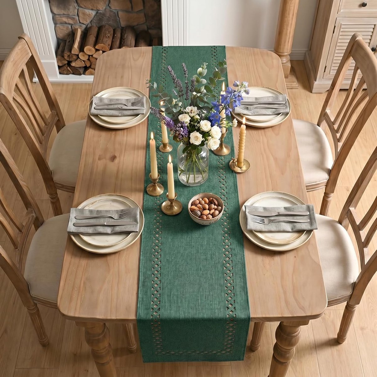 SnelShoppen - Bosgroene Rustieke Tafelloper 40x180 cm - Geometrisch Linnen Tafelkleed voor Eettafel, Keuken en Thuisfeest Decoratie