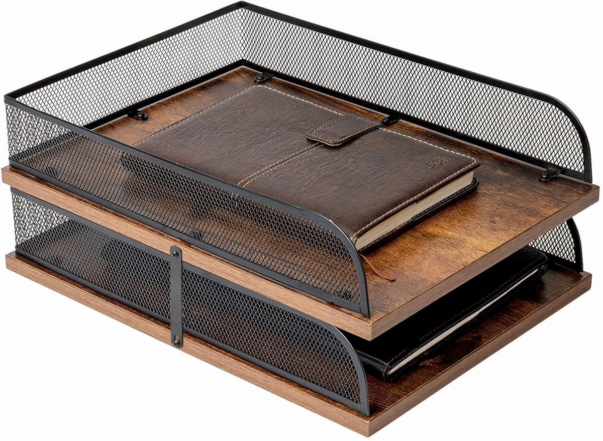 SnelShoppen - Set van 2 Vintage Houten en Metaal Briefbakken, Bureau Organizers, Papieren Tray, Office File Organizer (Zwart)