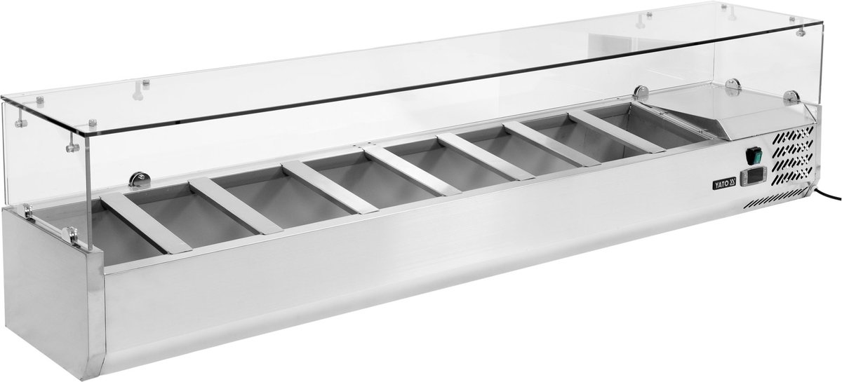 YATO Professionele Opbouw-Koelvitrine YG-05323 – RVS – 8x GN 1/4 – Glasopbouw – Statische Koeling – Temperatuurbereik +2°C tot +8°C – Breedte 180 cm