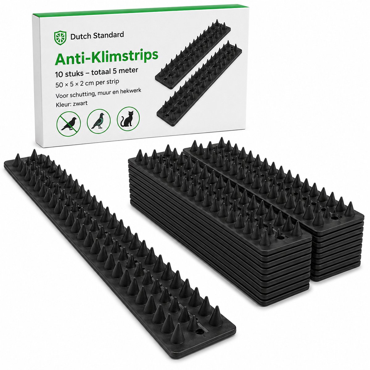 Anti Klim Strip 5 Meter – 10 Stuks – Vogelpinnen en Kattenwering – Voor Schutting, Muur - Zwart