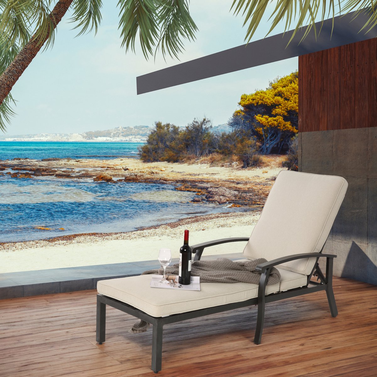FloraGrace Chaise Longue 204 x 58 x 100 cm - Verstelbare Rugleuning Met 5 Standen - Voor Tuin En Zwembad - Aluminium En Katoen - Beige