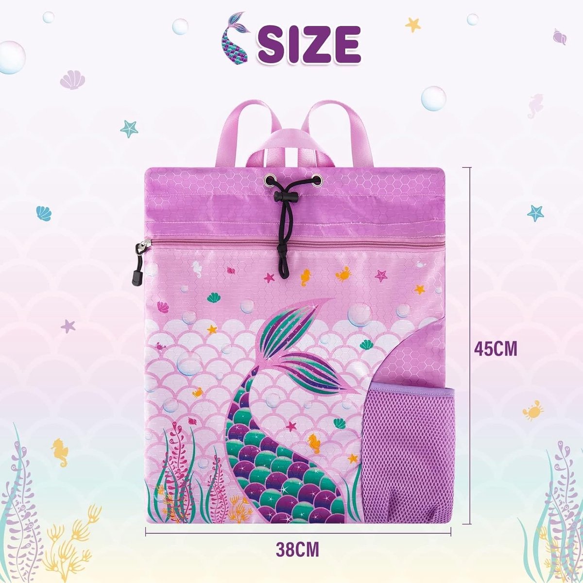 SnelShoppen - WAWSAM Zeemeermin Gymtas met Trekkoord - Violette Sporttas voor Kinderen, Perfect voor Gym, Zwemmen en Feestjes, Ruim en Stevig Materiaa