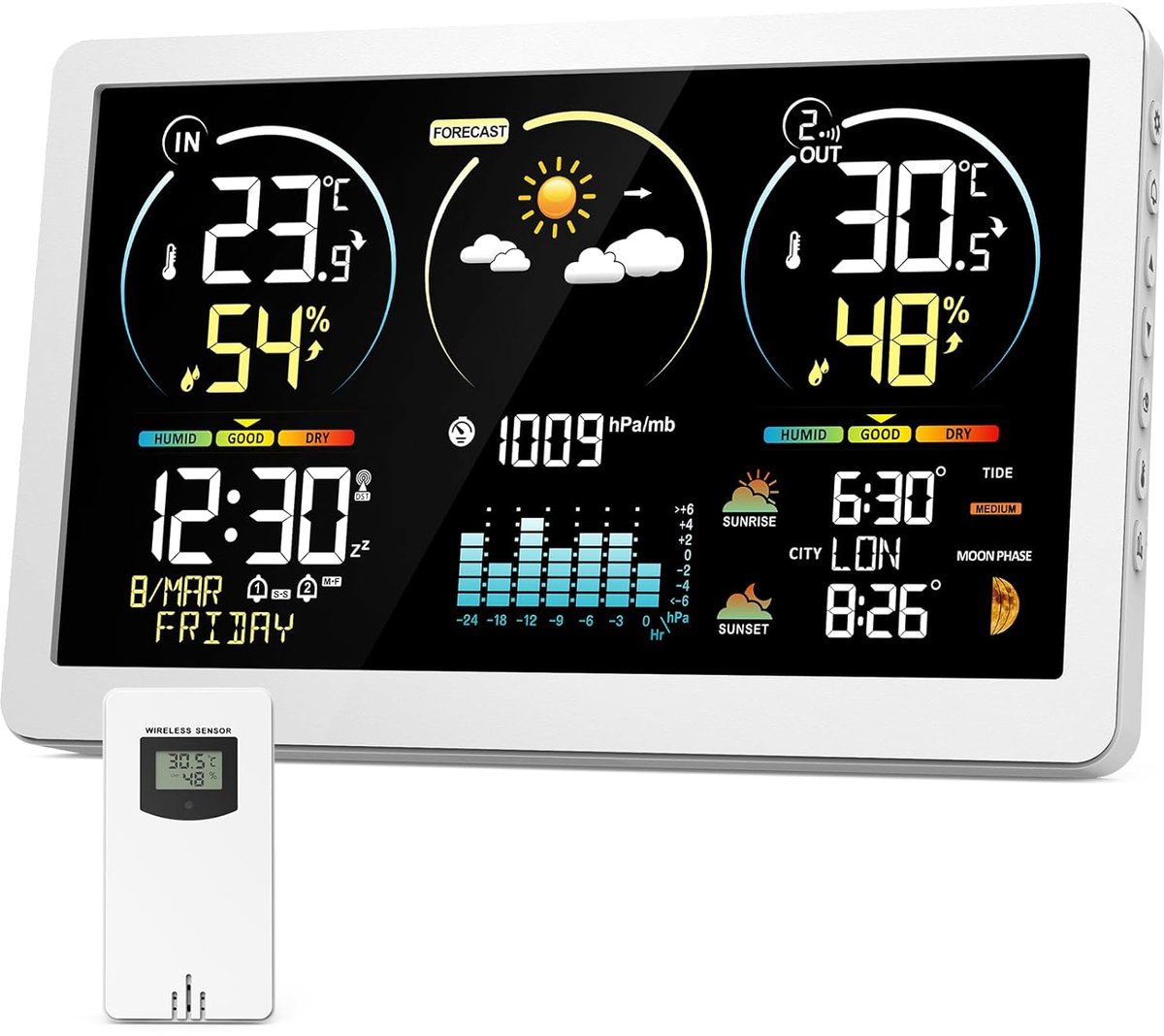 SnelShoppen - Draadloos Weerstation met Digitale Atoomklok, Groot Display, Instelbare Achtergrondverlichting, Binnen- en Buitentemperatuur en Vochtigh