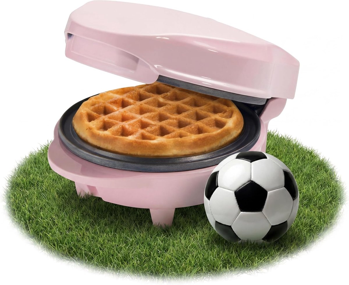 Mini-wafelijzer voor het maken van klassieke wafels, pan met antiaanbaklaag, geschikt voor kinderfeestjes, familiefeesten, Pasen of Kerstmis, retro design, 550 watt, kleur: roze