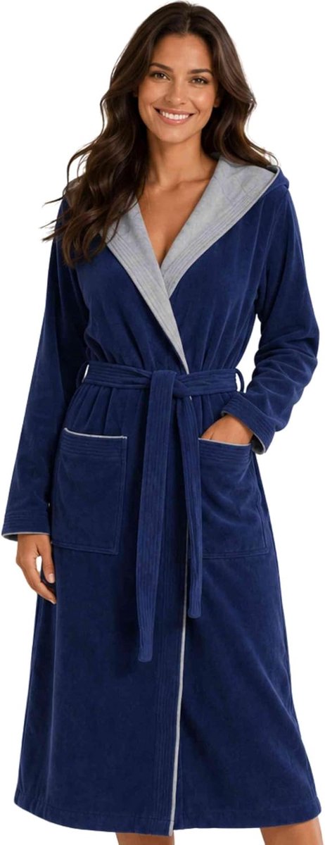 SnelShoppen - Dames Badjas Katoen Velours Badstof met Capuchon en Riem - Lange Badjas met Twee Zakken voor Extra Comfort en Warmte - Ideaal voor Thuis