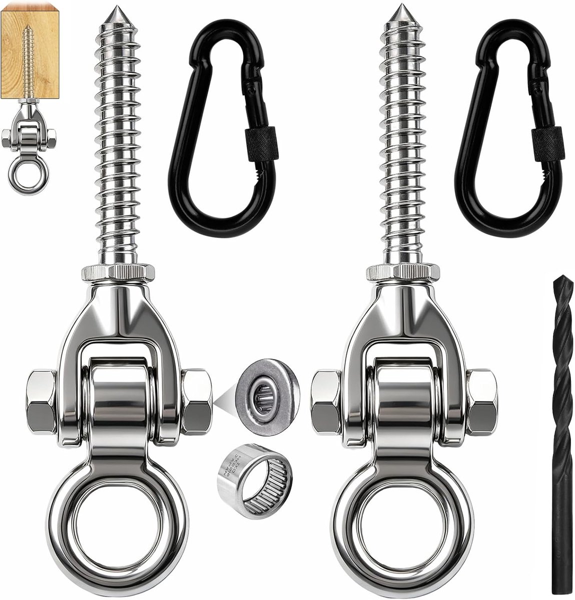 SnelShoppen - Set van 2 Roestvrij Stalen Schommelhaken voor Hangmat, Hangstoel, Bokszak, Zware Belasting, Veranda, Tuin, Yoga, Hout en Staal, 180° Zwe