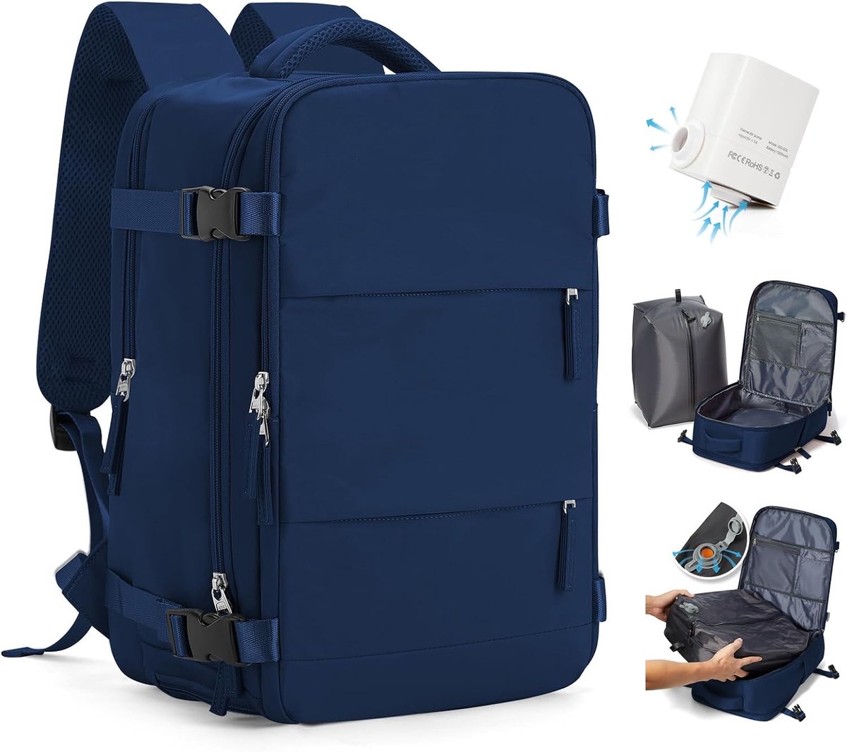 SnelShoppen - Vacuümrugzak Handbagage Rugzak 40x30x20 voor Ryanair en Easyjet Reisrugzak, Casual Wandelrugzak met Pomp, Onder de Stoel, Weekendtas, Ko