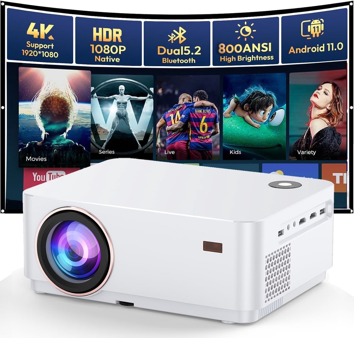 SnelShoppen - WiFi Bluetooth Beamer 4K Android OS Projector Native 1080P Autofocus 800 ANSI Lumen Mini Projector voor Thuisbioscoop, Outdoor, Tuin, Wo