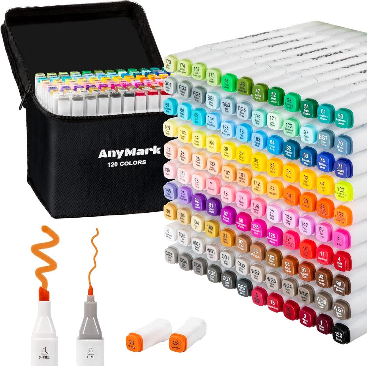 SnelShoppen - 120 Kleuren Alcohol Markers - Beitel & Fijne Punt, Professionele Kleurmarkers voor Illustraties, Tekeningen, Creatieve Projecten en Hobb