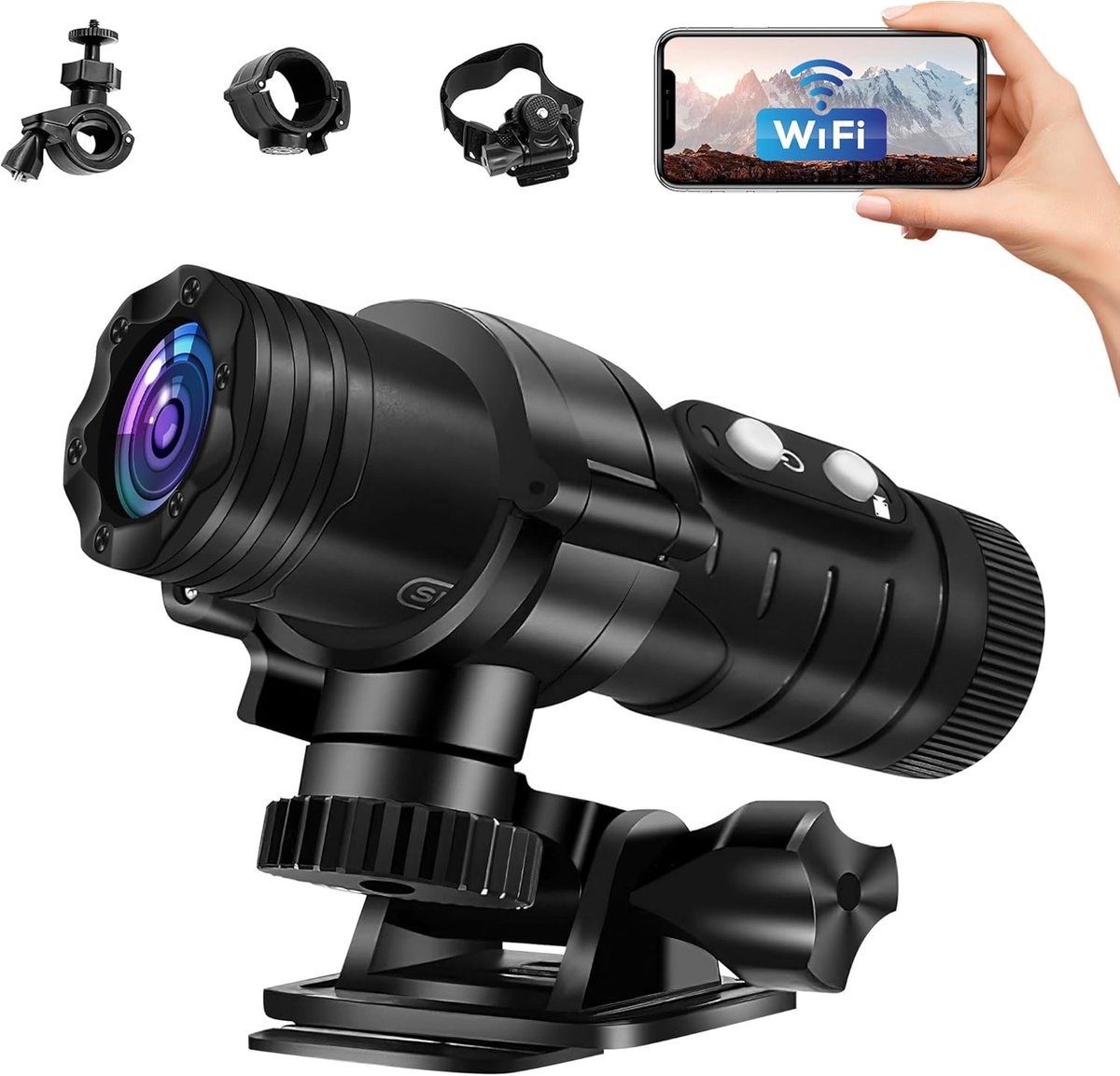 SnelShoppen - Actiecamera, Helmcamera met Wifi, Waterdicht, 1080p HD, 120° Groothoek, Fietscamera voor Outdoor, Motorfiets, Paardrijden, 12 MP, Micro