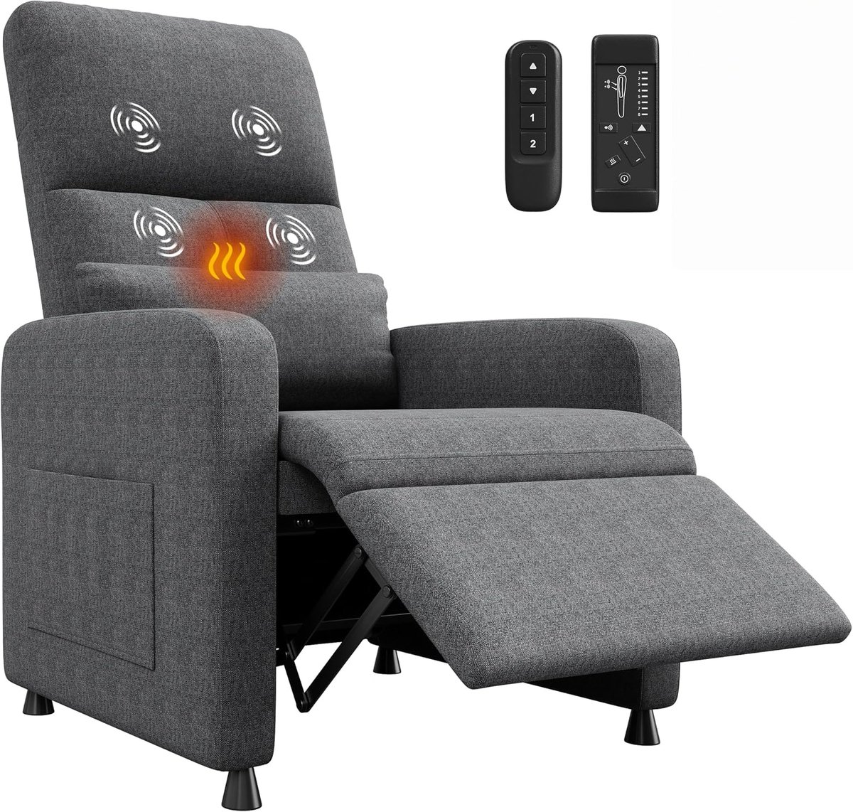 Elektrische Relaxstoel met Massage en Verwarming - Verstelbare TV-stoel (105-165°) - Linnen Look - Max. 180 kg - Inclusief Afstandsbediening & Geheugenfunctie - Grijs