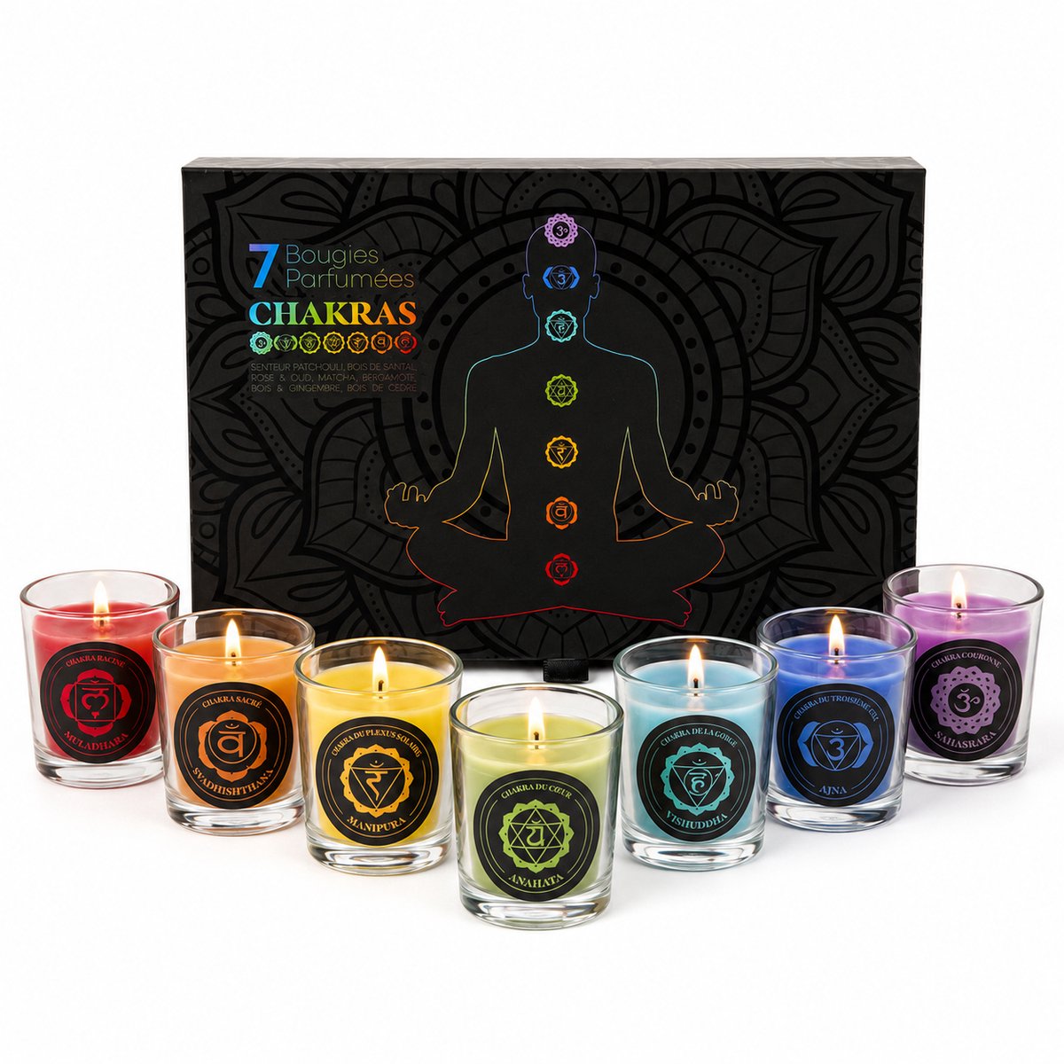 WDMT Chakra Geurkaarsen Set – 7 Meditatiekaarsen in Geschenkdoos – Geurkaarsen voor Yoga, Mindfulness en Ontspanning – Spiritueel Cadeau – Meerkleurig Violet