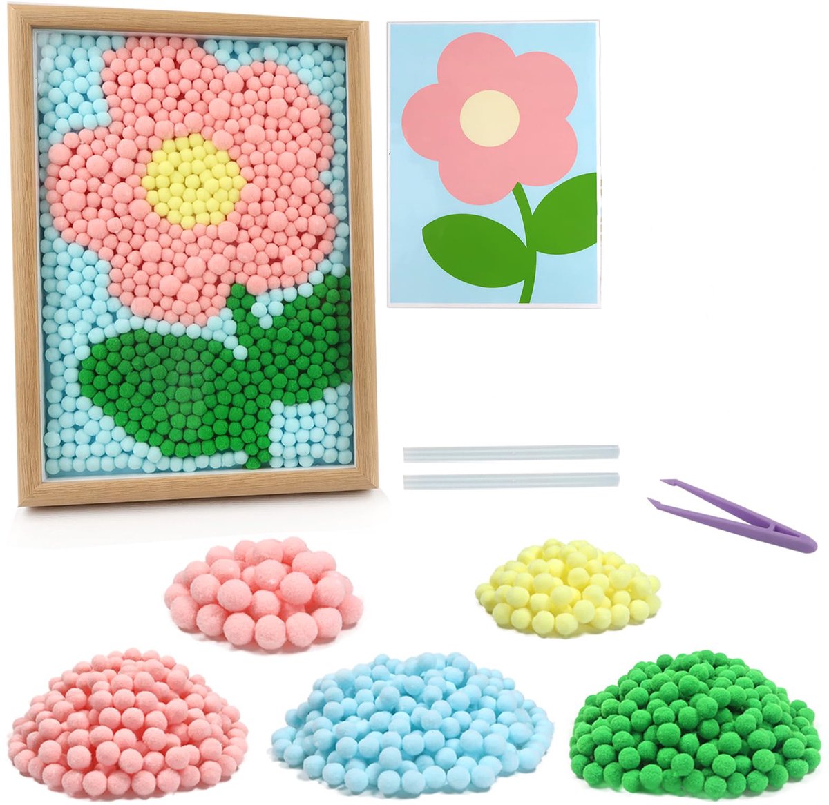 DIY knutselpakket - Knutselpakket volwassenen -hobby pakket - DIY Knutselpakket met Pompons – Creatief Schilderij Maken met Fotolijst, Bloem Design Hobby Set met Pompons, Pincet, Stickers en Accessoires voor Wanddecoratie en Ontspanning