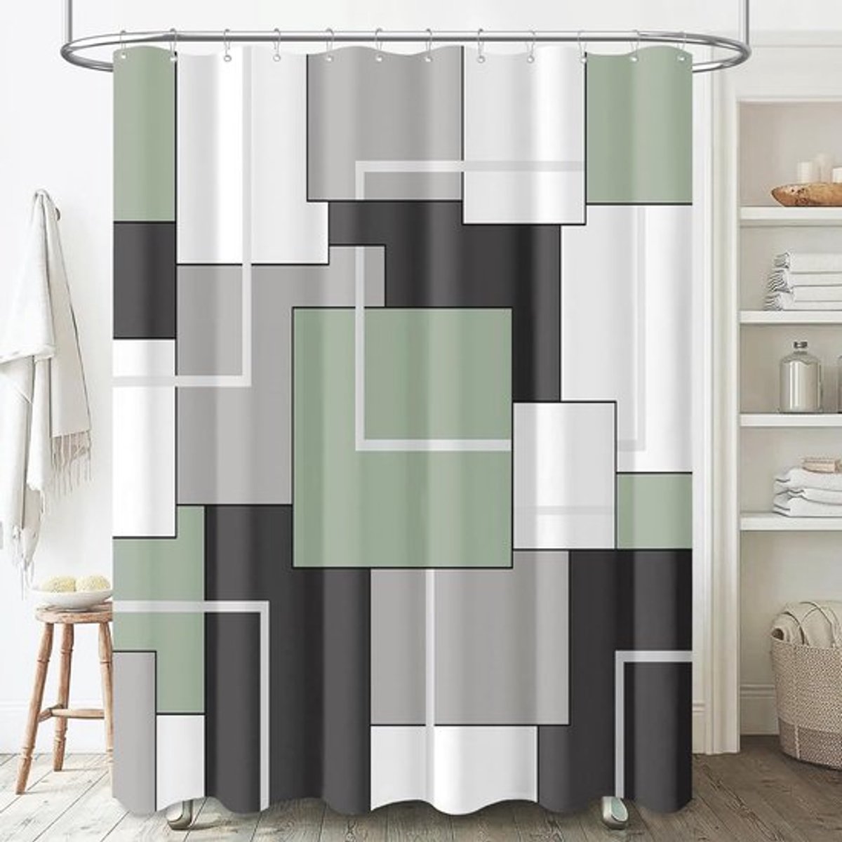 Saliegroen stoffen douchegordijn, moderne geometrische neutrale stoffen douchegordijnset met haak, verzwaarde zoom, wit zwart grijs decoratief waterdicht polyester douchegordijn voor badkamer, 72x72in