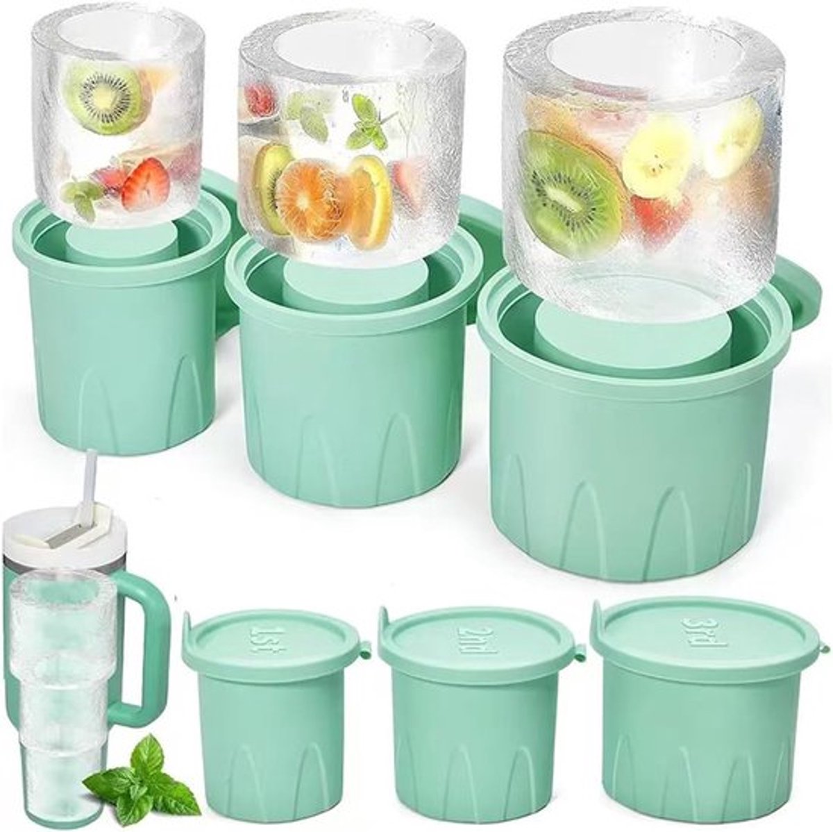 Siliconen ijsblokjesvormpjes, 3 ijsblokjesvormpjes met deksel, geschikt voor thermoskan, ijsblokjesvormpjes voor koffie, cocktails, whiskydrankjes - Groen