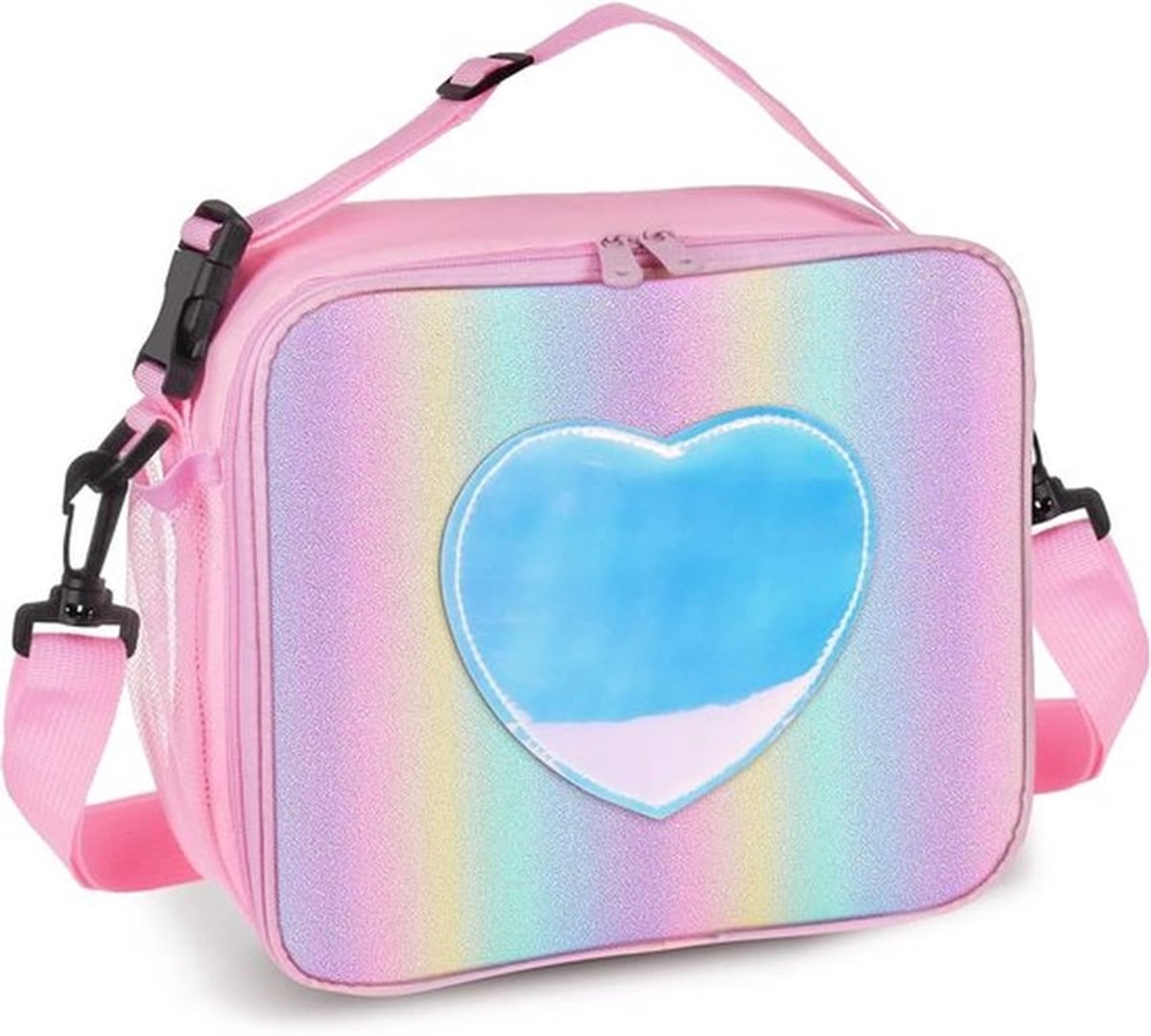 Lunchbox voor meisjes, geïsoleerde regenboogtas, lekvrije thermische koeltas, herbruikbare lunchtas voor school, kantoor en buiten (roze met riem)