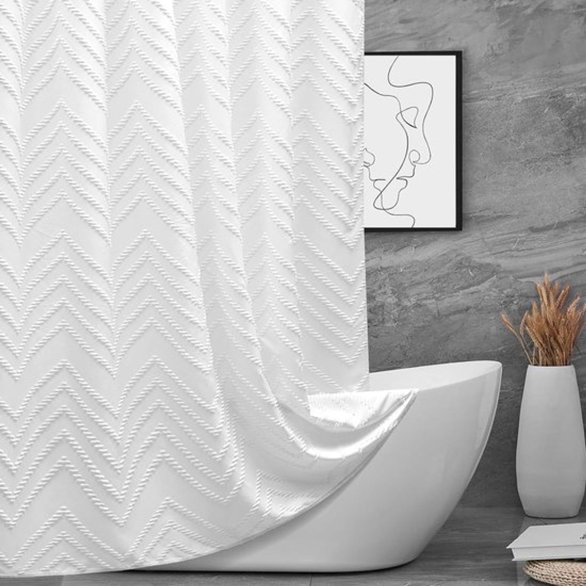 Wit Boho stoffen douchegordijn 72 x 72 inch, modern shabby chic textuur getuft chevron gestreept minimalistisch stoffen badkamer douchegordijn