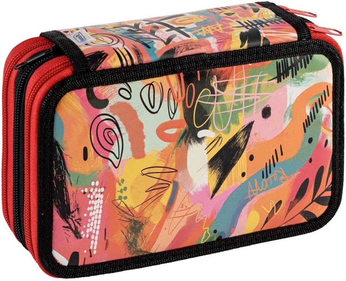 Thijox - Pennenetui met 3 vakken voor school, inclusief schrijfwaren, 20 x 13 x 7,5 cm, zwart met ART-opdruk, ideaal voor kinderen en studenten