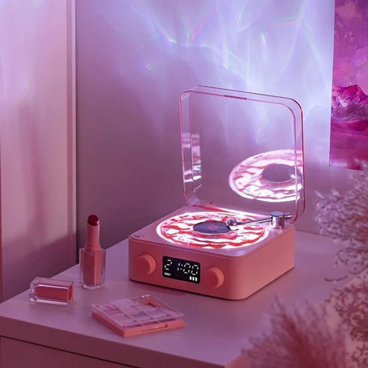 Retro Bluetooth Platenspeler met Witte Ruis & Stereoluidspreker – Draadloze Vinylspeler met RGB Lichtprojectie | Wekkerradio, Nachtlampje, Muziekspeler & Sfeerverlichting