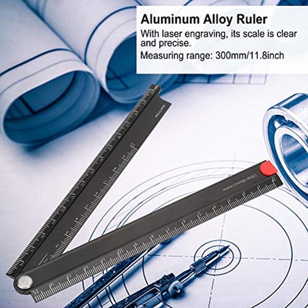 30 cm vouwliniaal, aluminiumlegering, 0-300 mm liniaal, 90° metaal, opvouwbare schrijfwarenliniaal, zwarte ingenieursliniaal om te meten, zwart