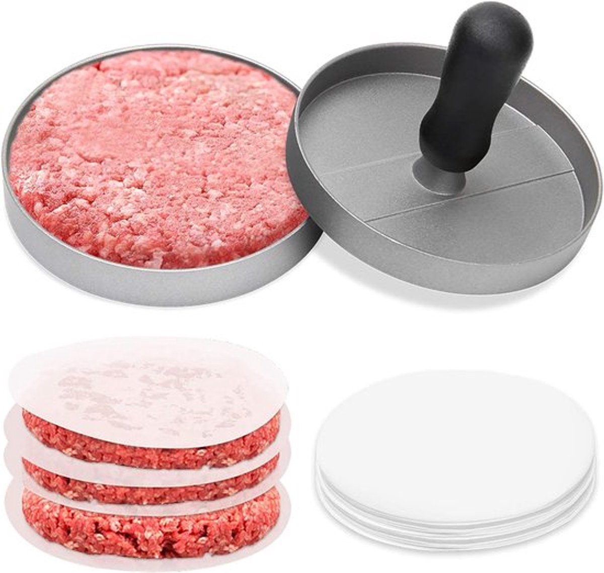 Anti-aanbak Hamburger Patty Persset - Patty Vormers met Handvatten (100 Vellen Waspapier Inbegrepen) - Home Kitchen Burger Moulds