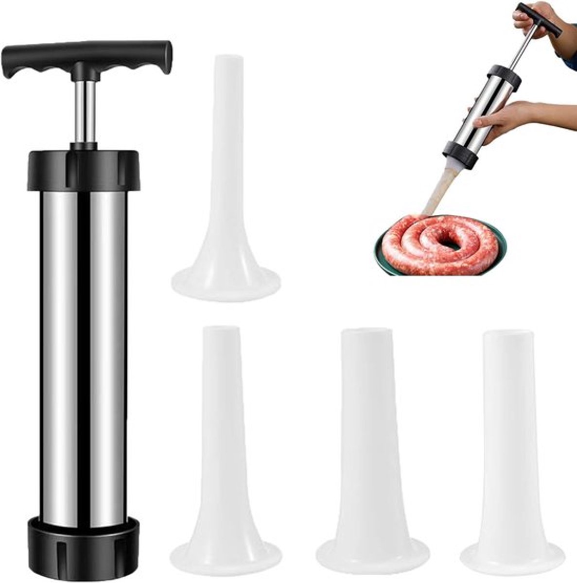 Worstvuller - handmatige vleesvuller - Helpt je bij het maken van een gevarieerde selectie heerlijke worsten - RVS-materiaal - Met 4 verschillende vulbuizen - 25 x 10 cm